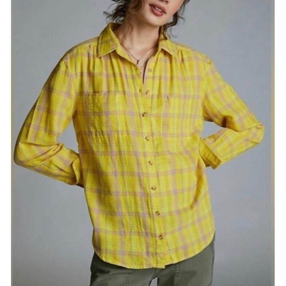 Anthropologie Button Down Shirt 100% Cotton Gauze Soft Plaid Yellow Size 6